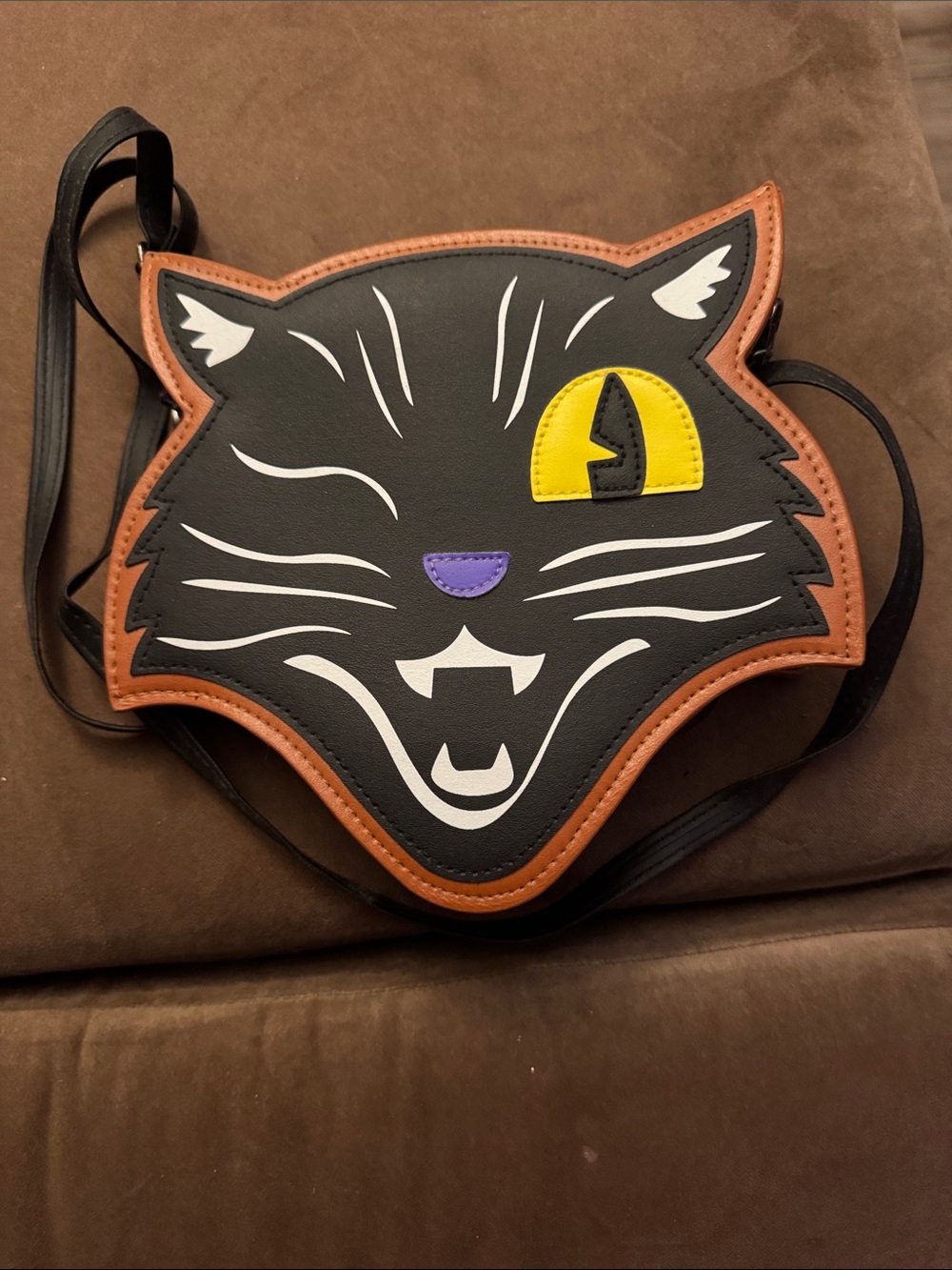 Spirit Black Cat Face Crossbody Bag with Brown Trim and Yellow Eye